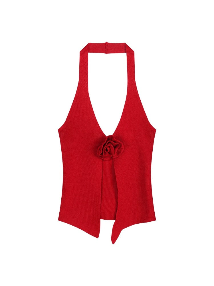 Three-dimensional flower knitted halterneck camisole women's summer v-neck sweet hottie sexy red beautiful back outer top