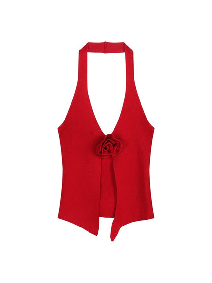 Three-dimensional flower knitted halterneck camisole women's summer v-neck sweet hottie sexy red beautiful back outer top
