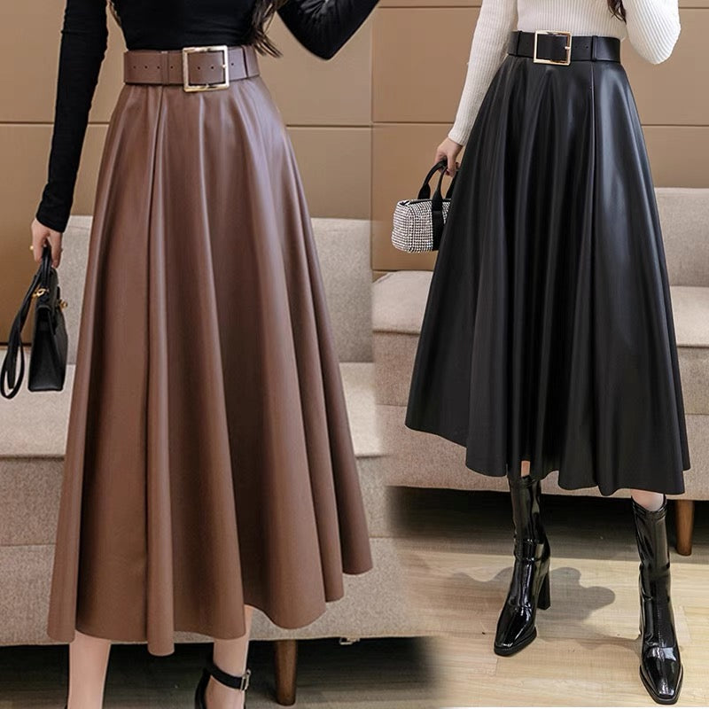 Brown leather skirt 2023 new high-waisted pleated A-line skirt for women autumn and winter mid-length hip-covering long skirt