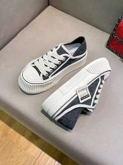 Uncle MJ thick-soled platform shoes women's new denim fashion all-match casual shoes round toe lace-up biscuit shoes