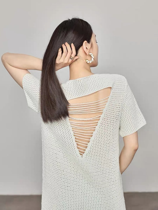 2023 new summer design woven cool vacation style fashionable slimming backless hollow knitted dress