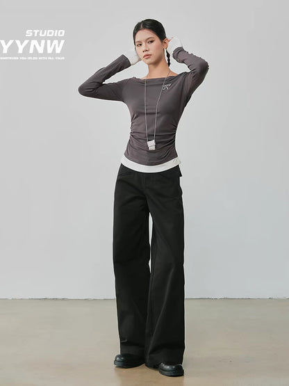 Women's 2026 New High-Waisted Slimming Casual Trousers – Pure Cotton Khaki, Straight-Leg Wide-Cut Utility Style (Petite-Friendly)