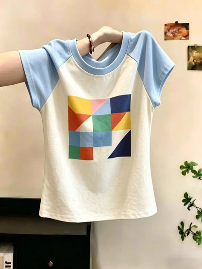 Shenzhen Nanyou Brand Women's Clothing ~ Round Neck Short Sleeve T-Shirt, Summer Versatile, Slimming, Stylish Color-Blocking Top