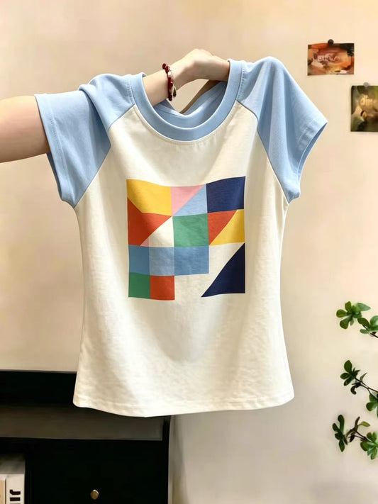 Shenzhen Nanyou Brand Women's Clothing ~ Round Neck Short Sleeve T-Shirt, Summer Versatile, Slimming, Stylish Color-Blocking Top