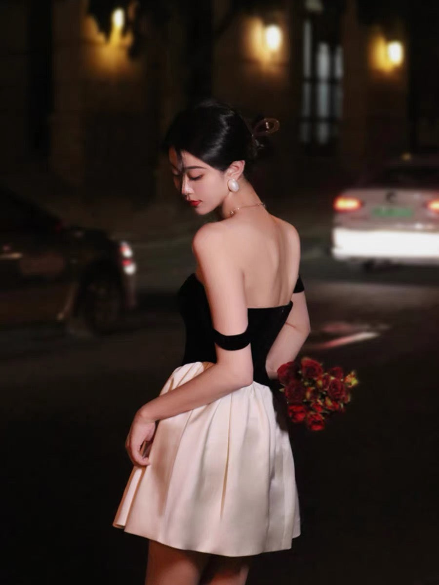 Thirteen and Little French Dress Women's Summer Contrast Color Spliced Velvet Sexy One-Shoulder Tube Top Skirt