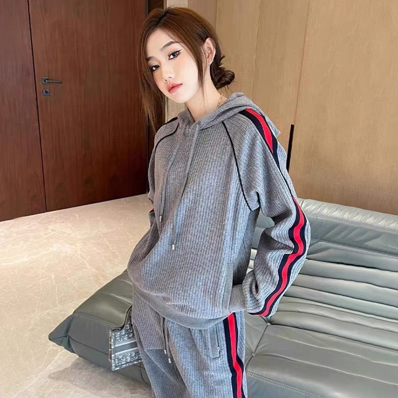 Gray casual sports striped suit for women spring 2023 new fashionable style hooded sweatshirt and sweatpants two-piece set