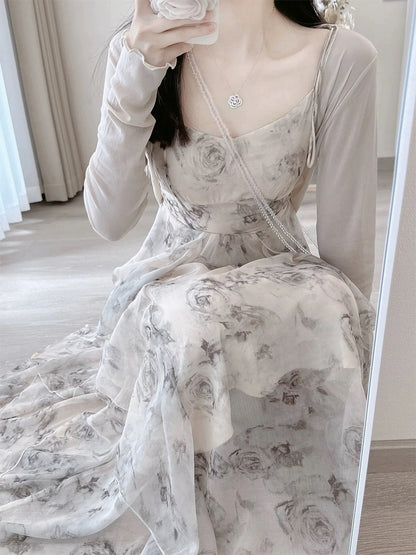 Skirt Women's Summer French Ink Floral Suspender Dress High-Quality Seaside Resort Style Beach Long Skirt