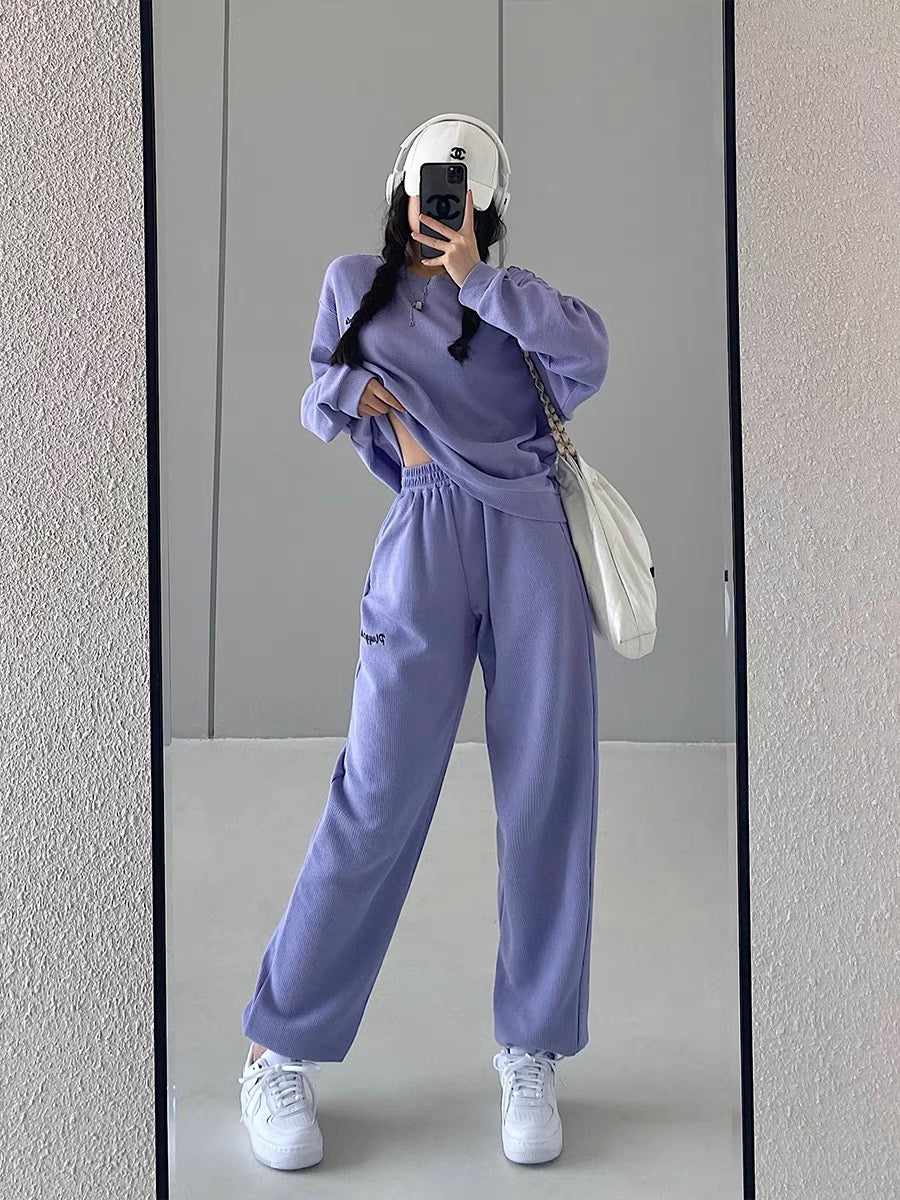 YoungGirlDay European and American loose slimming letter embroidered long-sleeved sweatshirt high-waisted casual sports trousers suit