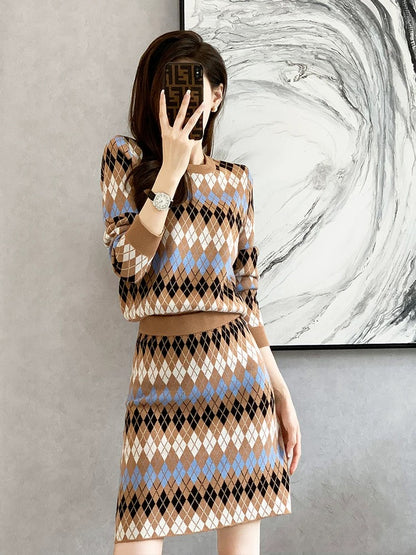 French style knitted two-piece suit for women in autumn and winter new style sweater slim hip wrap skirt fashionable two-piece suit skirt
