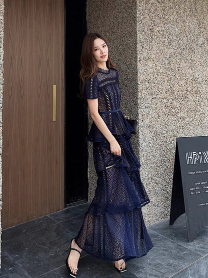 Cake long skirt for women 2023 new summer dress British style exquisite lace navy blue short-sleeved dress evening dress (D164)