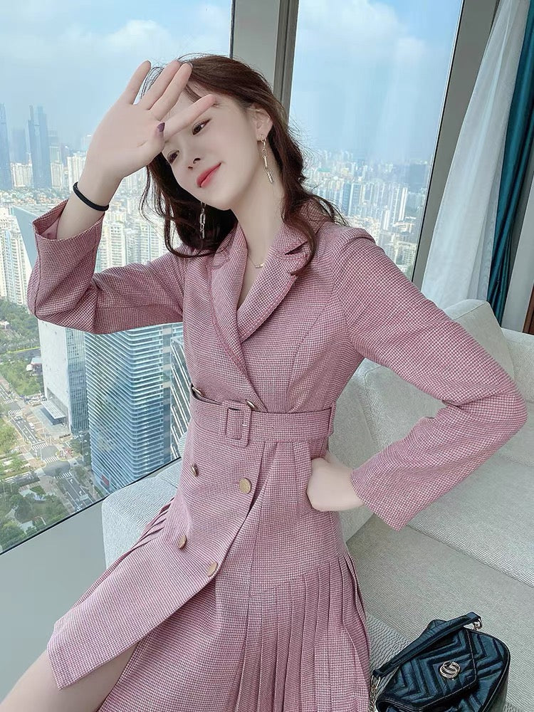 Pink suit skirt for women spring 2022 new style slim and small double-breasted pleated dress for women spring and autumn (B1419)