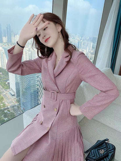 Pink suit skirt for women spring 2022 new style slim and small double-breasted pleated dress for women spring and autumn (B1419)