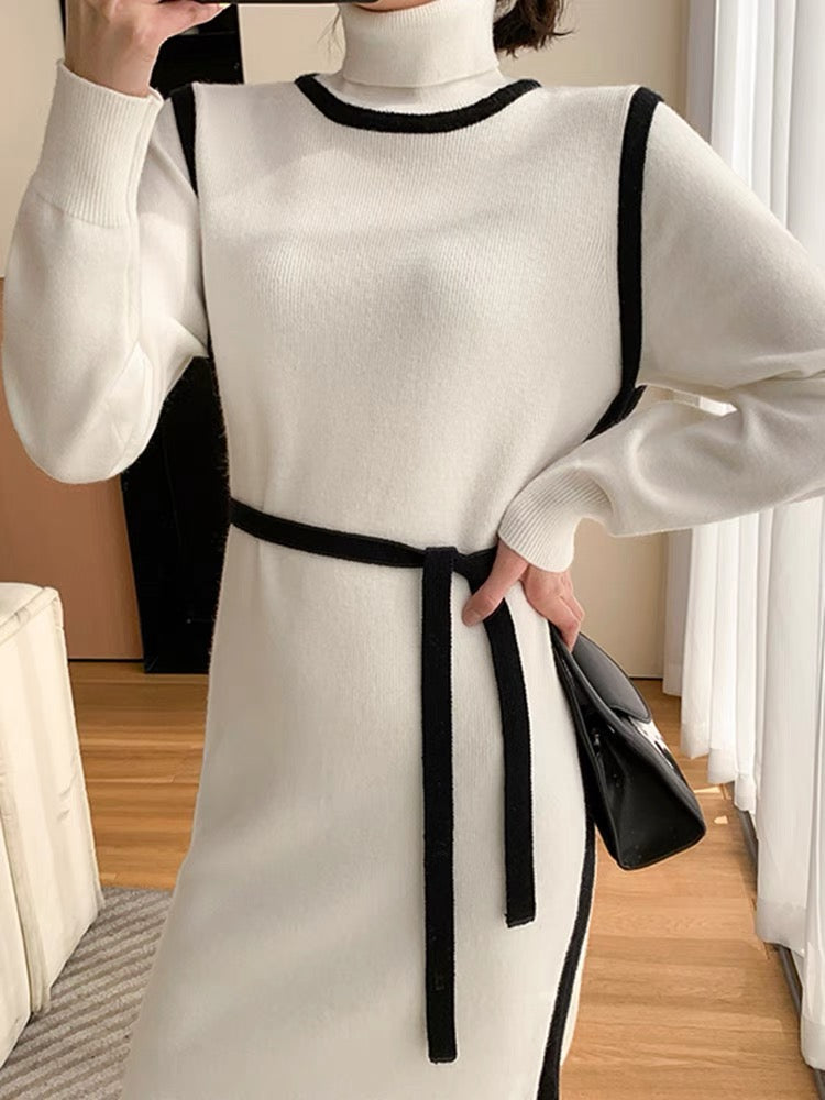 Xiaoxiangfeng white knitted dress autumn and winter new French retro temperament Hepburn style inner bottoming sweater skirt
