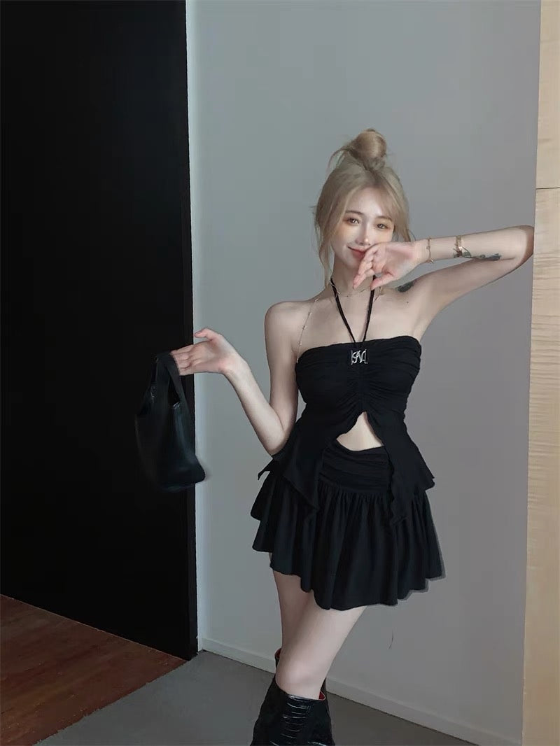 Fried street suit female summer pure desire babes sexy halter neck tube top suspender top + pleated skirt two-piece set