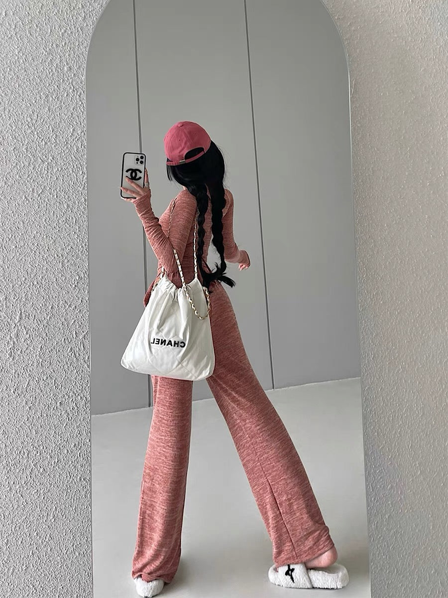YoungGirlDay pure lust style slim-fitting long-sleeved T-shirt high-waisted drawstring casual pants floor-length trousers suit (B1812)