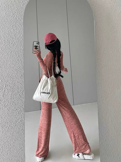 YoungGirlDay pure lust style slim-fitting long-sleeved T-shirt high-waisted drawstring casual pants floor-length trousers suit (B1812)