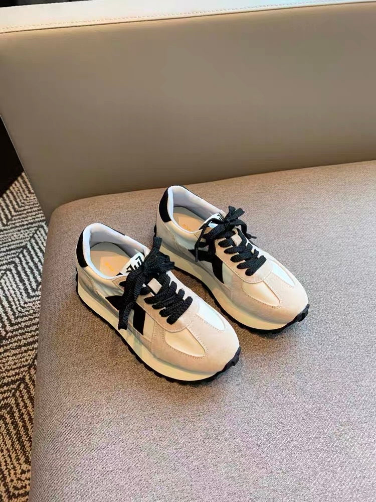 Sports shoes for women 2023 new Korean style lace-up versatile color-blocked genuine leather comfortable breathable thick-soled casual running shoes
