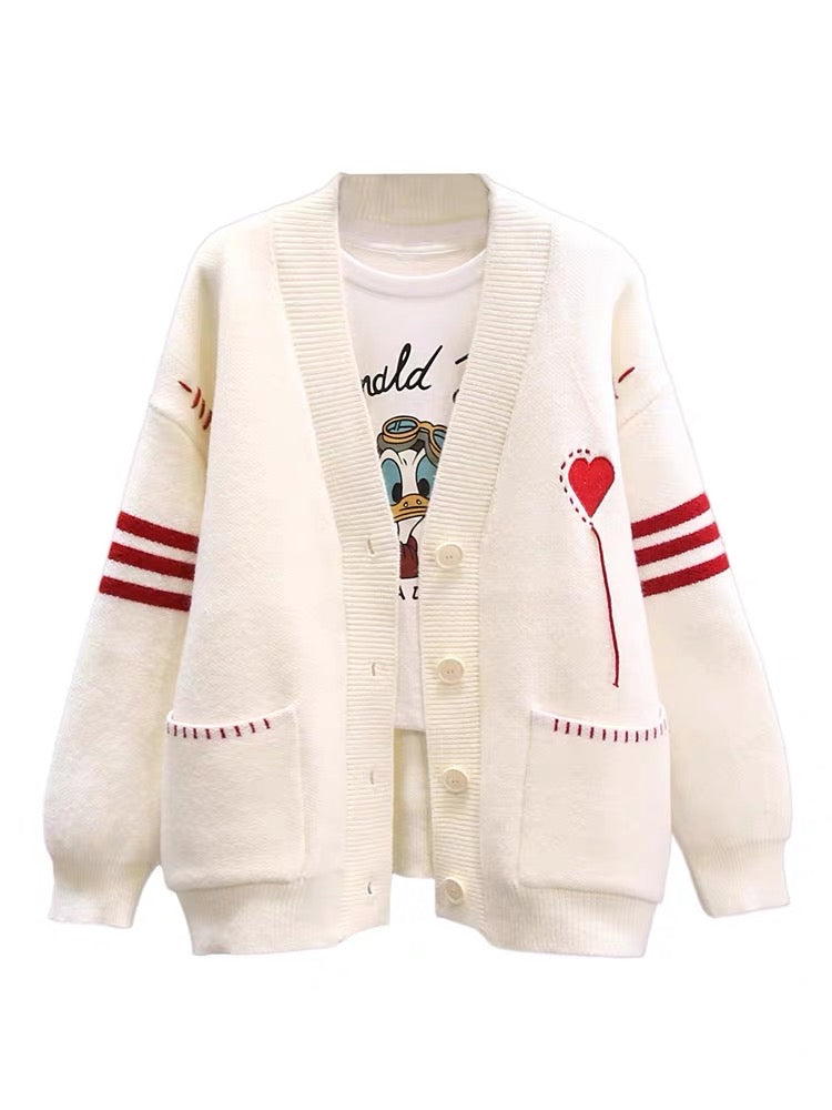 Japanese love sweater coat female autumn and winter 2023 new loose lazy wind mid-length V-neck knitted cardigan
