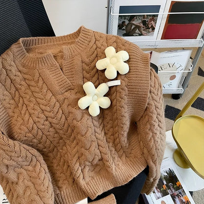 French salt top three-dimensional flower design short sweater women's fake two-piece loose long-sleeved knitted autumn new style