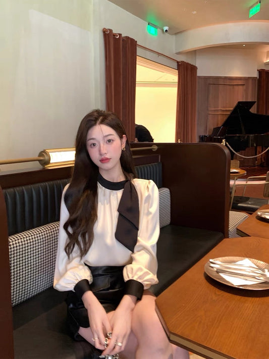 cchen Chen Chen French tie-collar bow high-end sense color contrast shirt design sense small top temperament autumn