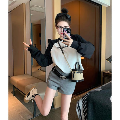 Contrast color raglan printed round neck sweatshirt for women 2023 new early autumn design niche casual short top super (B6914)