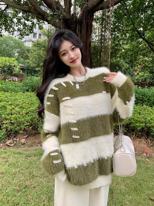 Lazy design plush knitted sweater top 2023 autumn and winter women's pullover thickened mink velvet striped sweater