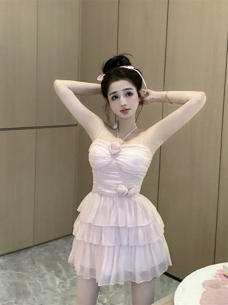 Pure desire suspender halterneck dress for women in summer sweet hottie heavy industry flower skirt temperament ruffled cake skirt