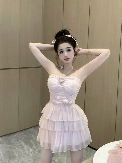 Pure desire suspender halterneck dress for women in summer sweet hottie heavy industry flower skirt temperament ruffled cake skirt