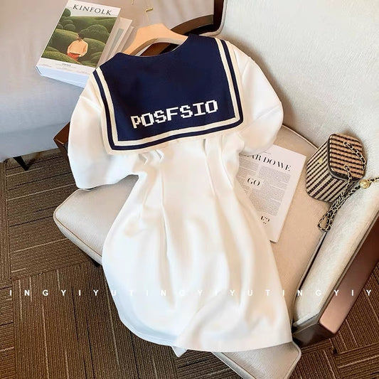 White age-reducing college style navy collar dress for women 2023 summer new style waist-cinching high-end casual puff sleeve dress
