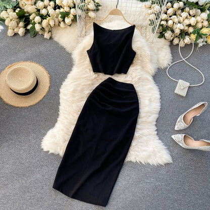 Cool and elegant lady internet celebrity suit solid color round neck vest short top high waist hip-wrapped mid-length skirt two-piece suit for women