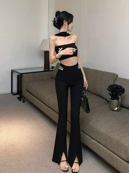 Hollow design high-waisted casual pants for women 2023 new autumn slim-fitting slit micro-flared floor-length trousers (B3913)