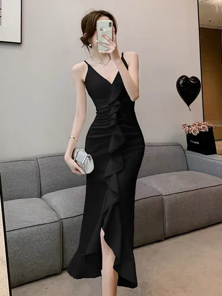 French temperament lotus leaf edge red hanging neck suspender dress women's summer high-end sexy bag hip V-neck slit long skirt