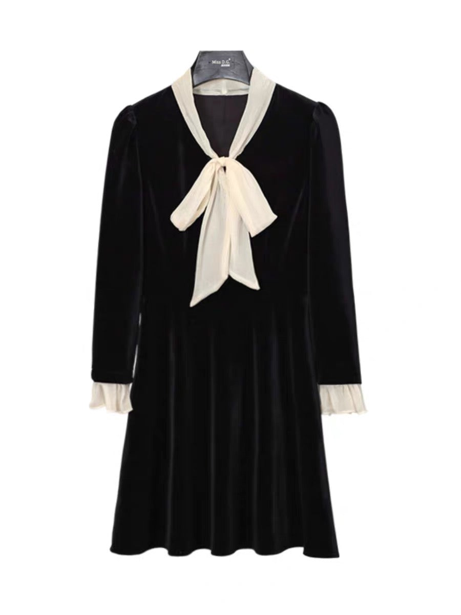 Miss DG high-end black dress 2023 autumn and winter v-neck bow design slimming skirt (D0685)