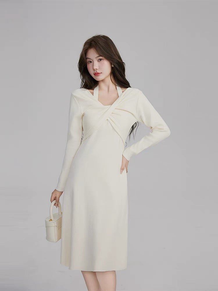 Volstagg white knitted halterneck dress women's autumn French off-shoulder two-wear inner bottoming mid-length skirt