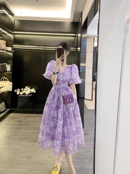 Leathercat dress 2023 new women's summer high-end sense French sweet waist slimming long skirt