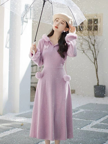 Gentle style French temperament fur collar hooded dress for women winter slim waist slimming inner long skirt