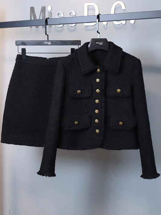 Miss DG high-end socialite temperament black small fragrance suit 2023 autumn and winter short coat and half skirt two-piece set (S0683)
