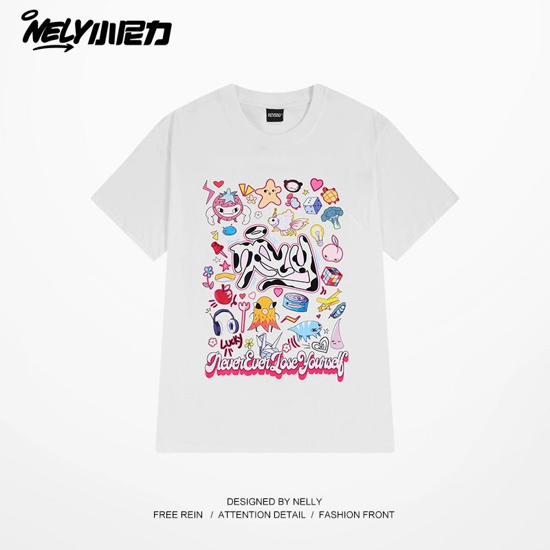 Nely Xiao Nili National Trend Summer Couples All-match Fun Colorful Graffiti Trendy Brand Short-sleeved T-shirt Top Clothes Men and Women