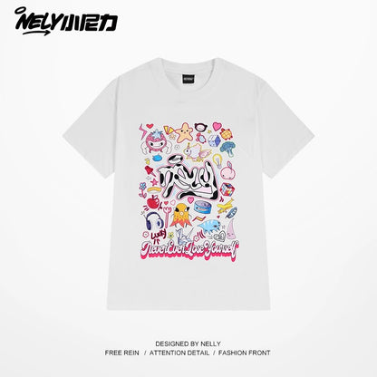Nely Xiao Nili National Trend Summer Couples All-match Fun Colorful Graffiti Trendy Brand Short-sleeved T-shirt Top Clothes Men and Women