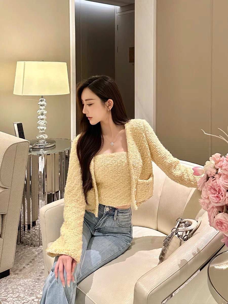Shanxi French Xiaoxiang woven wool short coat top for women with inner tube top high-end elegant lady suit (B8893)