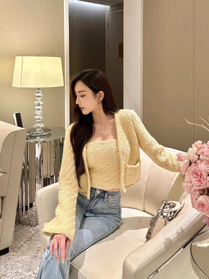 Shanxi French Xiaoxiang woven wool short coat top for women with inner tube top high-end elegant lady suit (B8893)