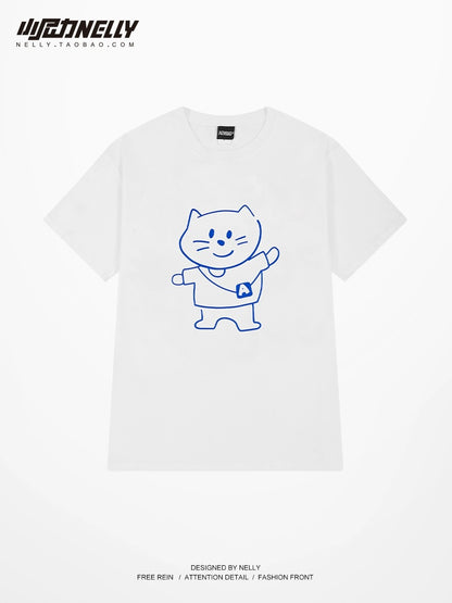 Heavy cartoon cat print short-sleeved men and women summer American high street versatile couple T-shirt loose casual top trend