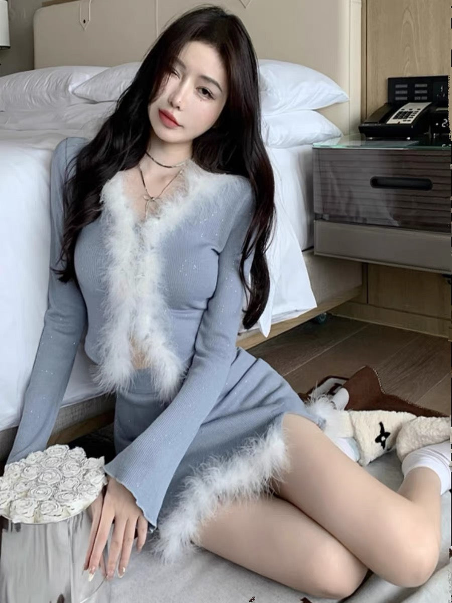 Celebrity style feather glitter suit 2023 spring and summer spliced knitted V-neck top + high waist skirt two-piece set
