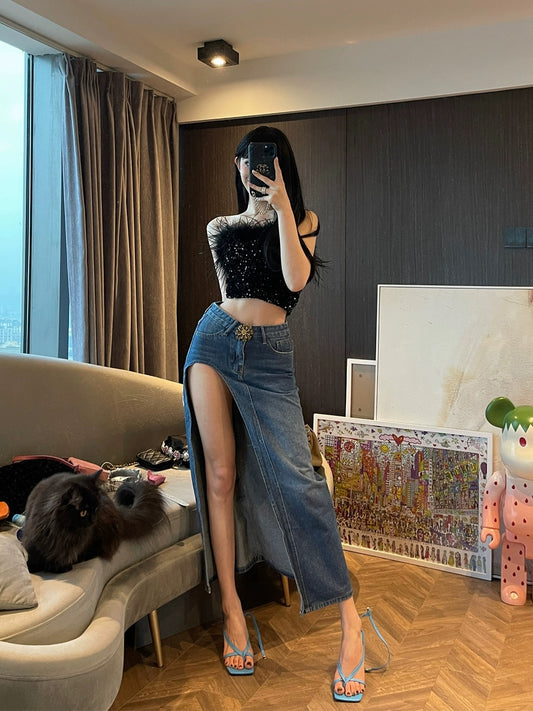 ChiclyNana American denim skirt sexy hot girl retro high waist slim pure desire high slit long skirt