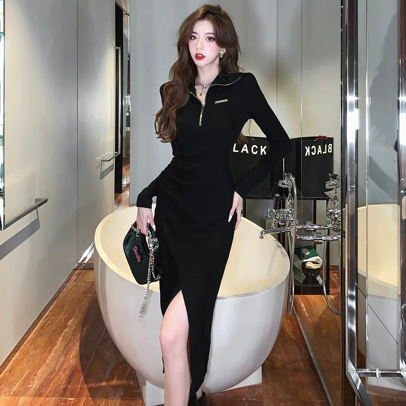 Black design stand-up collar slit slim dress female autumn and winter sweet hottie mid-length polo collar bottoming skirt
