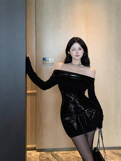 Temperament one-shoulder splicing dress women's early autumn 2023 new knitted waist slimming black skirt slim skirt A2261