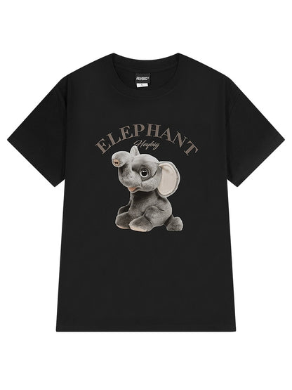 chic Hong Kong style elephant print pure cotton short-sleeved T-shirt for men and women loose Korean style new half-sleeved style age-reducing tops