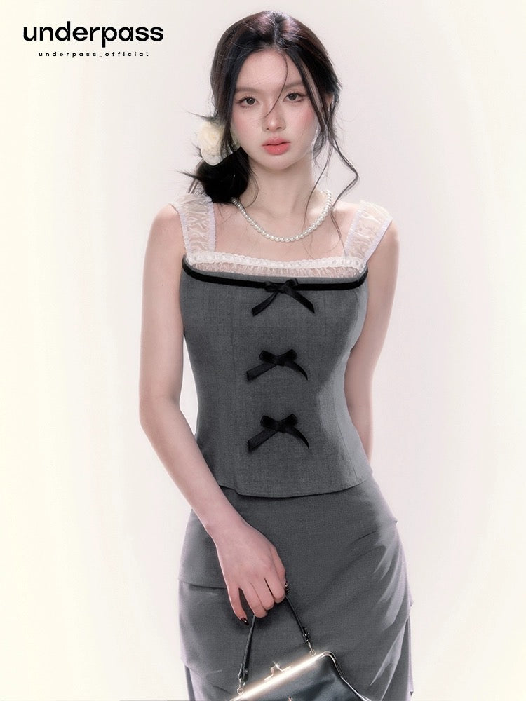 Underpass original design French grey mesh bow suspender top slit long skirt two piece suit