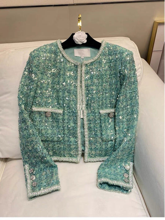 2023 New French high-end street green small fragrant jacket for women in spring and autumn slim short top