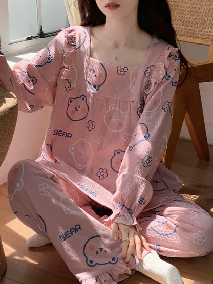 "Wrinkled cotton" pajamas for women, spring and autumn long-sleeved 2023 new bean paste pink bear home wear set